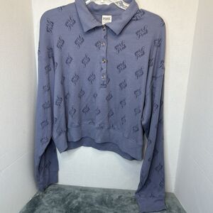 Womens Victorias Secret Pink Sleepwear Blue Crop Top Waffle Knit Long Sleeve XL